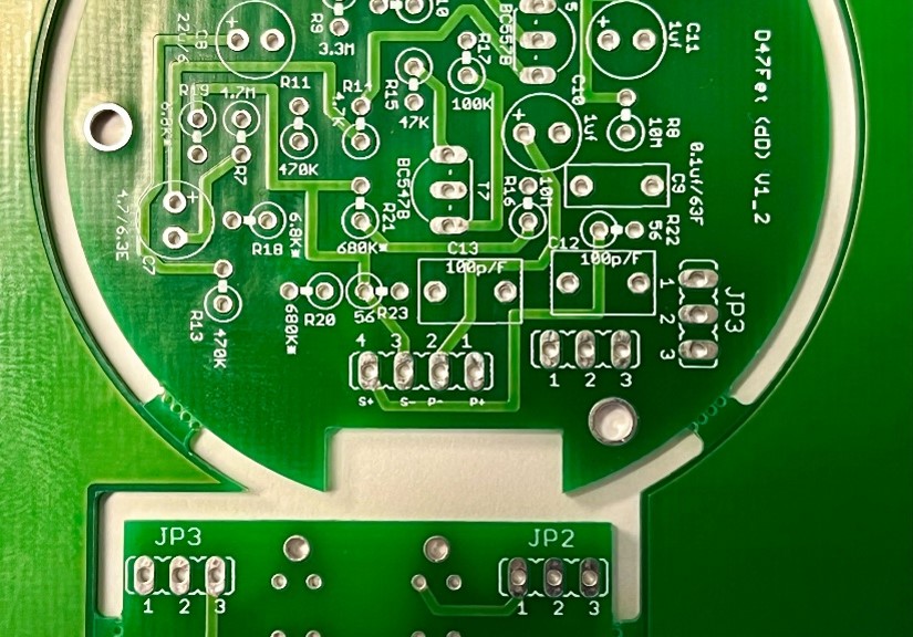 D-47FET PCB top view showing dual header connectors JP3 and JP2, ready for transformer wiring.