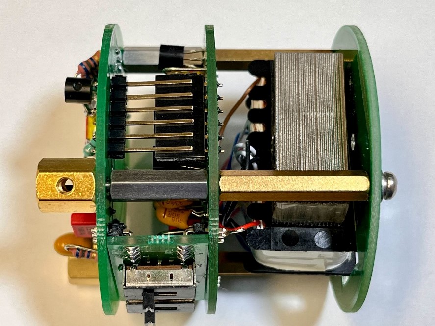 D-47FET 3-deck PCB stack with M2.5 standoffs assembled — Top, Middle, Bottom boards aligned.