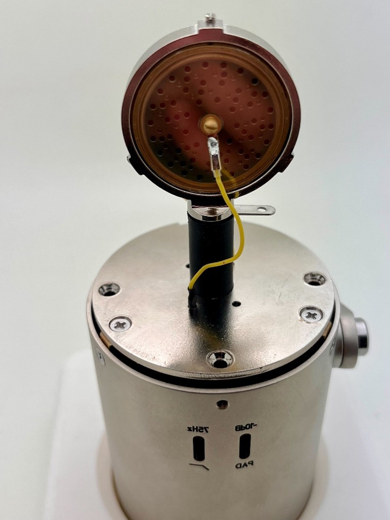 Rear view of the capsule on the top plate showing the rear diaphragm and the heat-shrunk rear wire routed into the metal plate hole.
