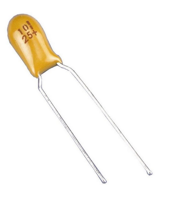 Standalone tantalum capacitor showing the + marking (brown stripe) and both radial leads.