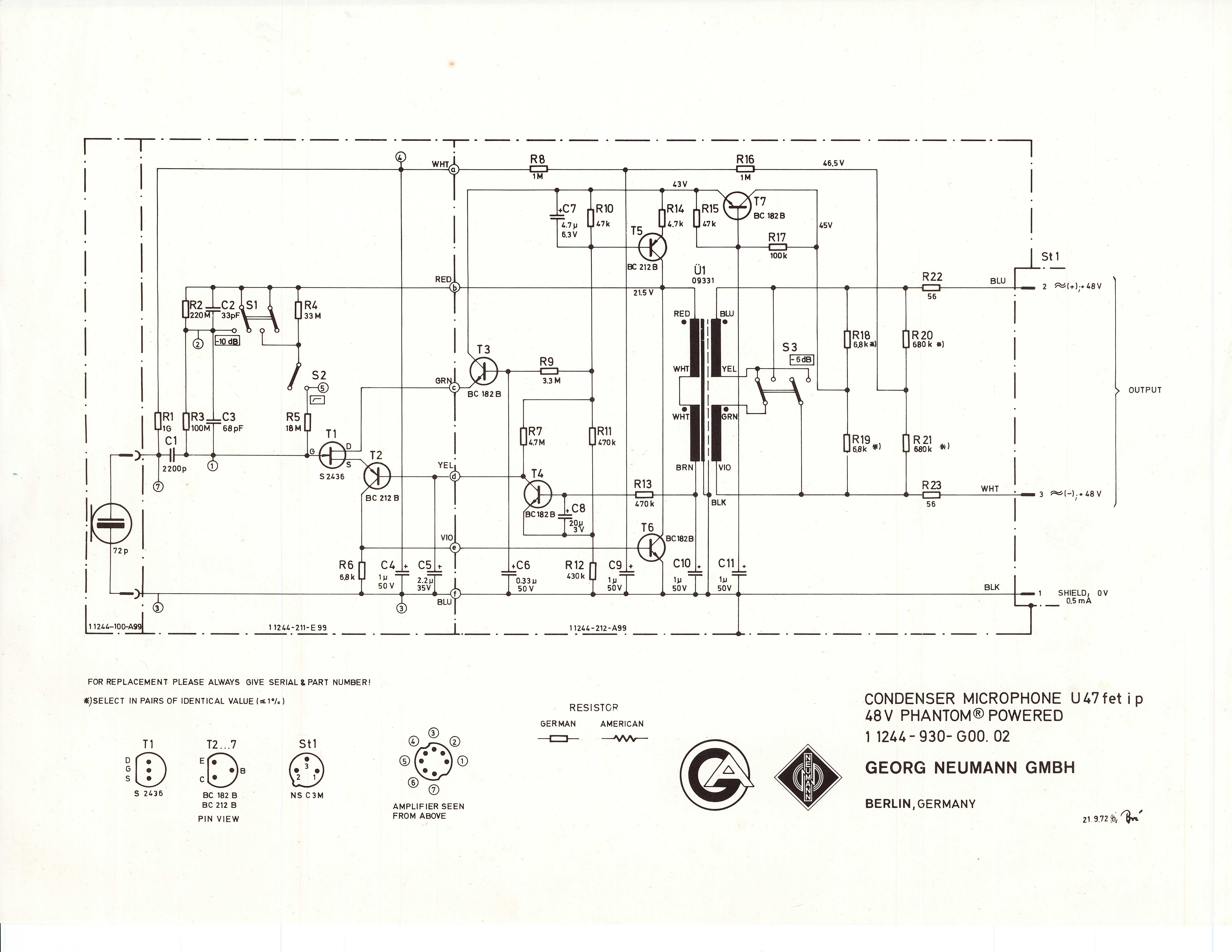 D-47FET circuit schematic — 2N3819 JFET input stage, BC547B/BC557BTF complementary BJT buffer, phantom power regulator, and 9:1 step-down output transformer.
