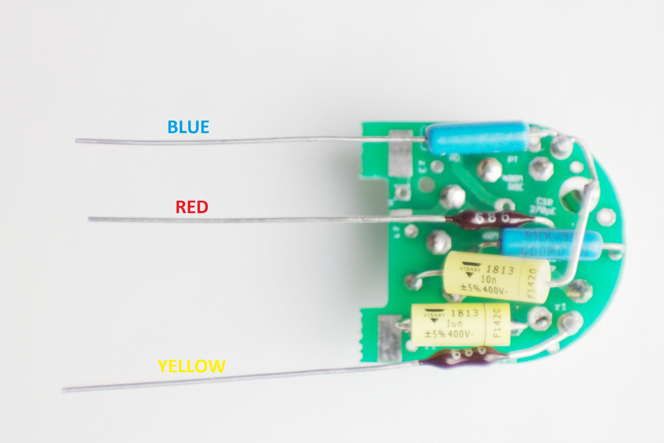Blue, red, and yellow wires shown on tube PCB