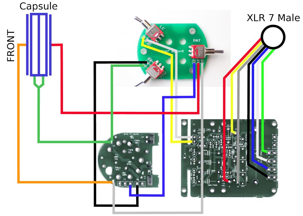 Full connection diagram: capsule to PCBs to XLR 7-pin connector