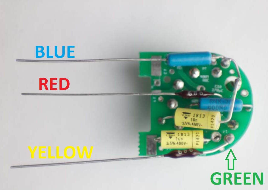 Tube PCB wire colors: blue, red, yellow, green