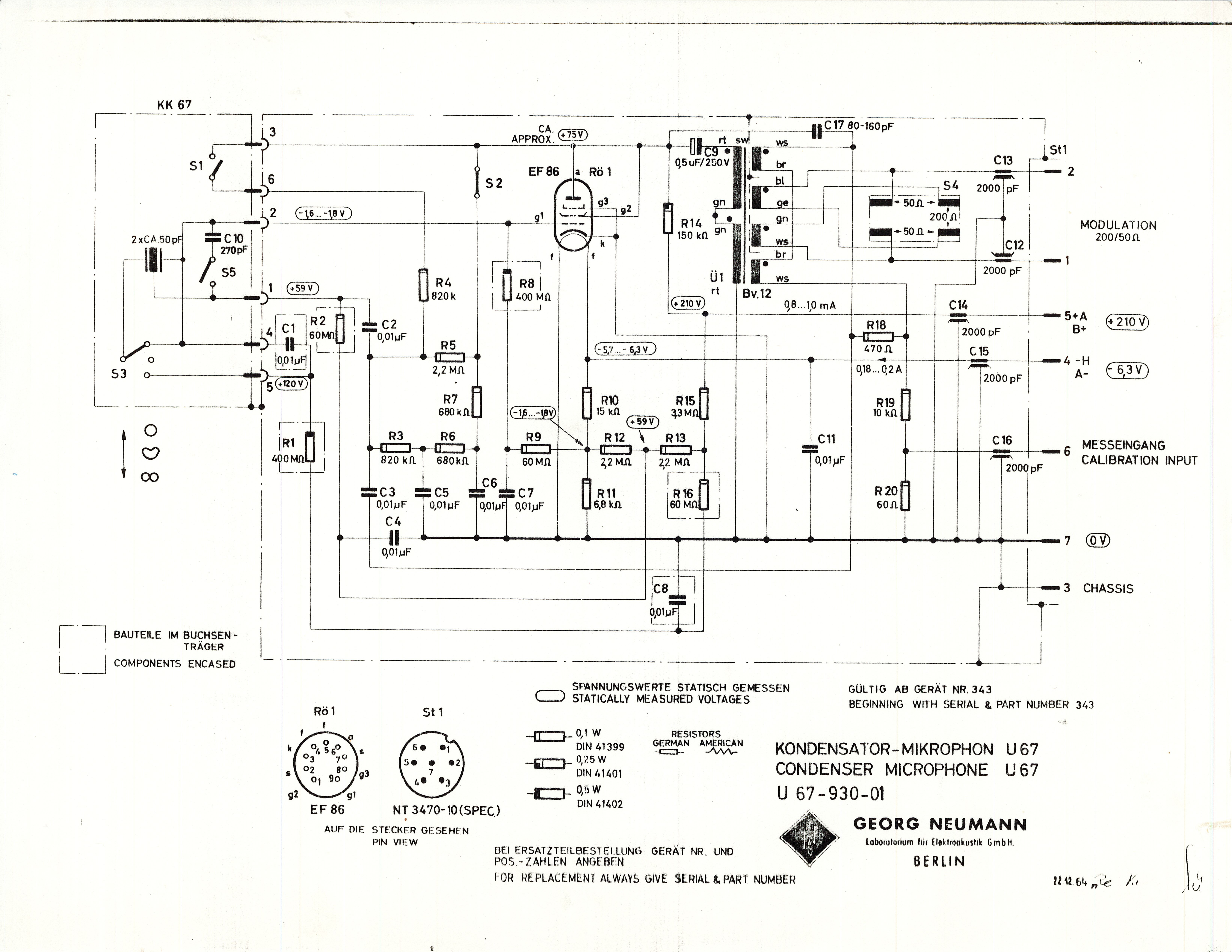 Original Neumann U67-930-01 circuit schematic — EF86 pentode, BV.12 transformer, K67 capsule, S1 pattern switch, S2 internal switch.