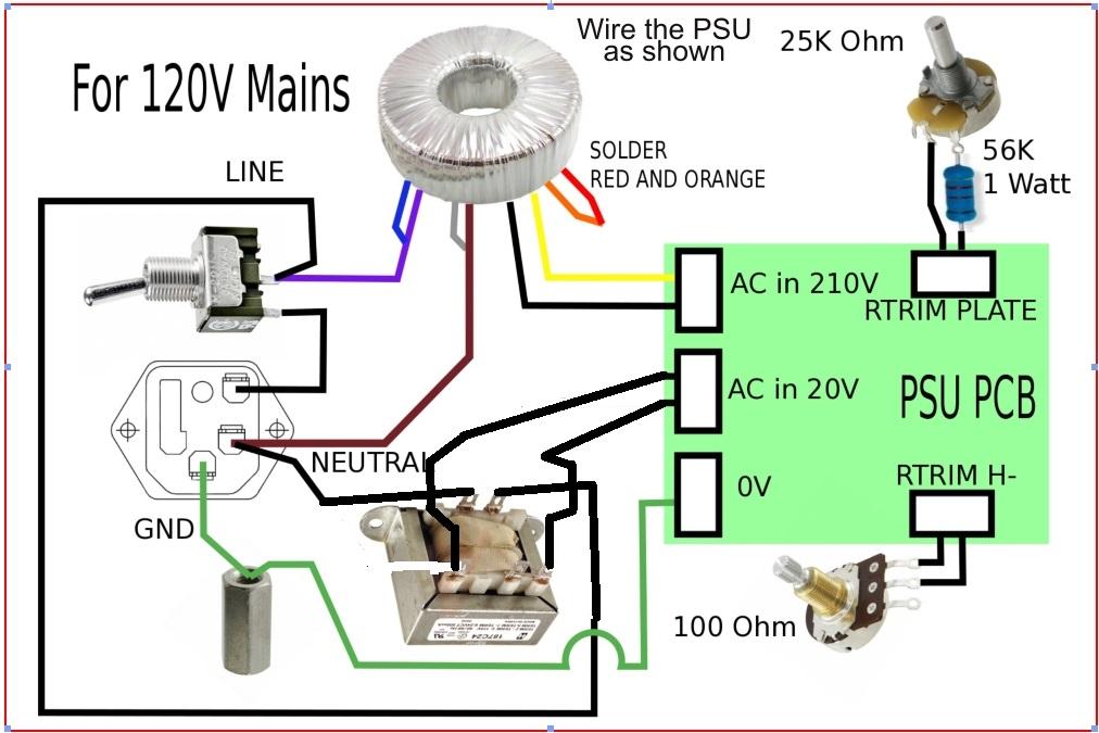 PSU internal wiring schematic showing transformer and PCB connections