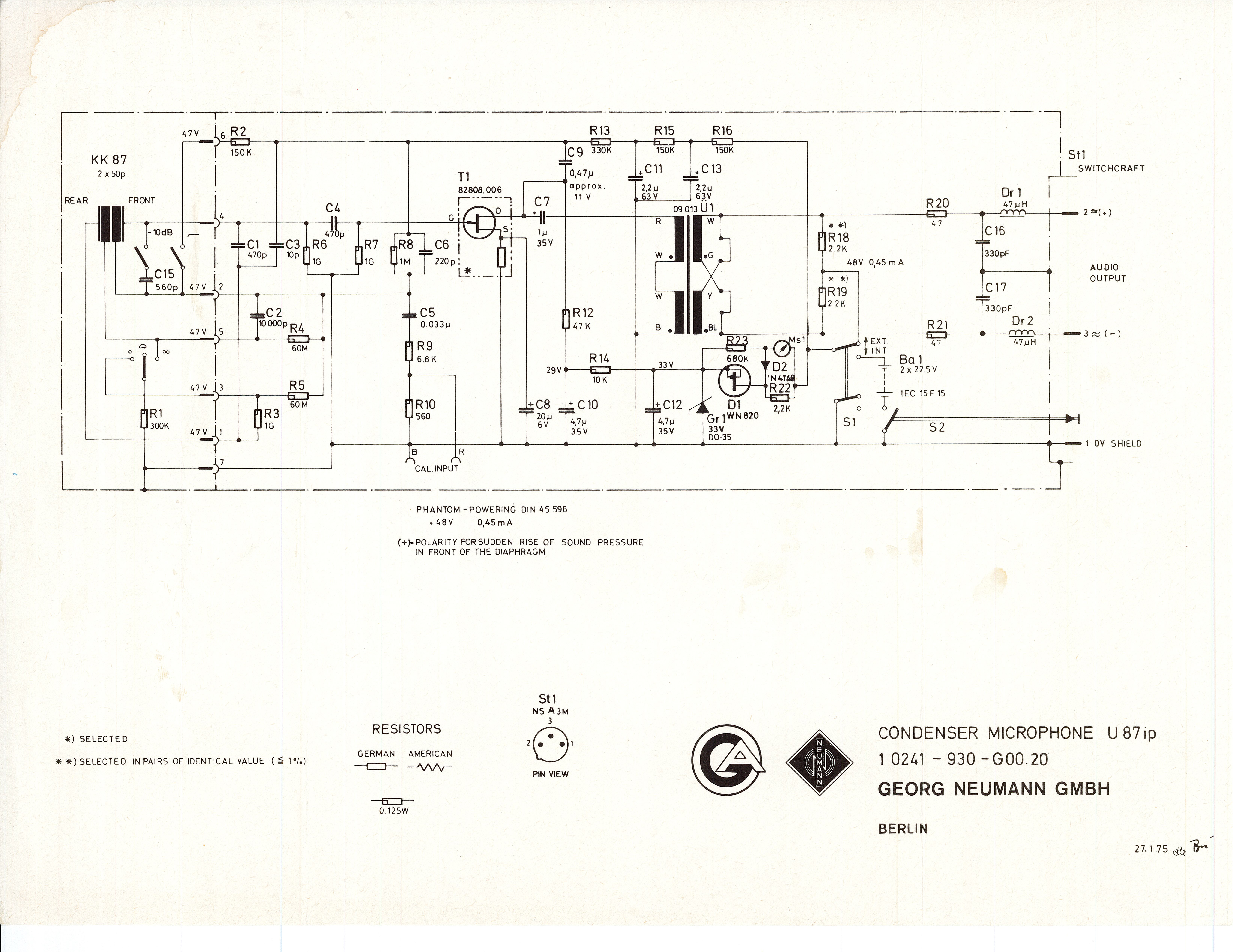Neumann U-87 / D-87 FET condenser microphone full circuit schematic including capsule polarization, JFET amplifier, output transformer, and phantom power section.