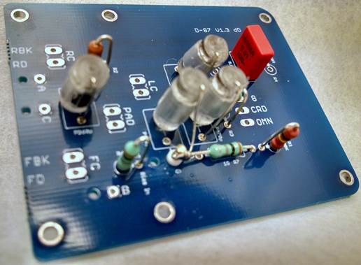 Close-up of the D-87M Blue PCB high-impedance input section — 1 GΩ and 68 MΩ resistors around the capsule gate node.
