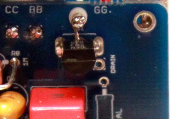 2N3819 JFET on the D-87 PCB with center gate pin routed to a Teflon-isolated turret pin.