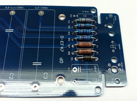D-EF47 main PCB with resistors R1 through R9 installed in the right-hand column