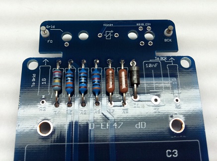 Angled view of resistor column with tube socket PCB positioned below the main board