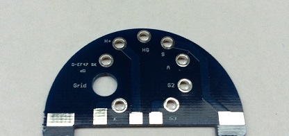 Bare semicircular D-EF47 SK tube socket PCB showing pad labels: H+, HG, S, A, G2, K, G3, Grid
