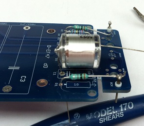 Styroflex capacitor installed on the D-EF47 main PCB, standing vertically