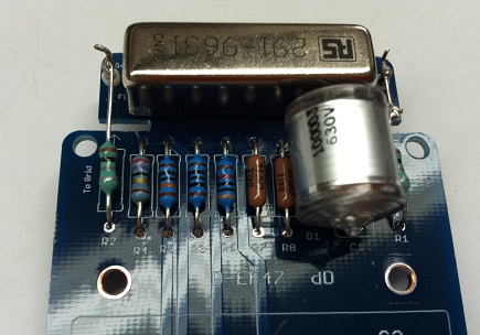 Reed relay installed on the D-EF47 PCB beside the Styroflex capacitor and resistor column