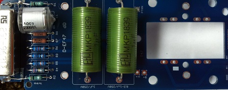 D-EF47 main PCB showing two green MKP1839 1µF 630V film capacitors installed at C2 and C3