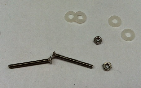 PCB mounting hardware: flat-head M3 screw, two M3 nuts, and two nylon washers