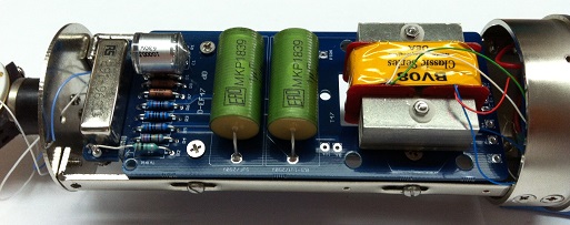 AMI BV08 Classic Series transformer installed in the mic body alongside the PCB assembly, yellow label visible
