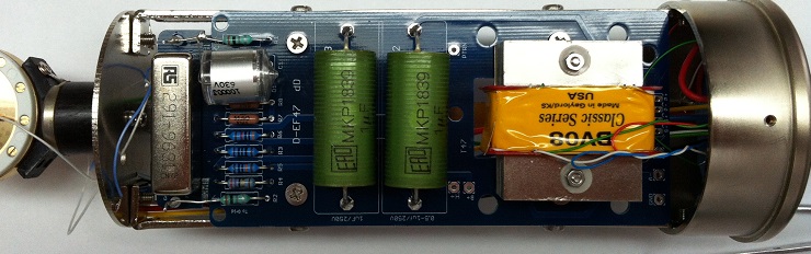 Vertical view of complete mic internals showing all sections: relay, Styroflex, output caps, BV08 transformer, and capsule at top